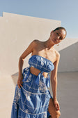 Lili Strapless Cutout Tie Maxi Dress - Postcard, Blue & White Check Flowers