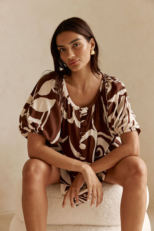 Cream and Brown Painted Tiles Print Button Scarlet Top