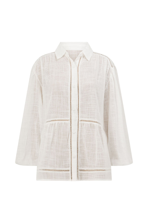 White Cheesecloth Button Up Puff Sleeve Rita Shirt