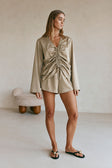 Khaki Silky Long Sleeve Ruched Bindi Top