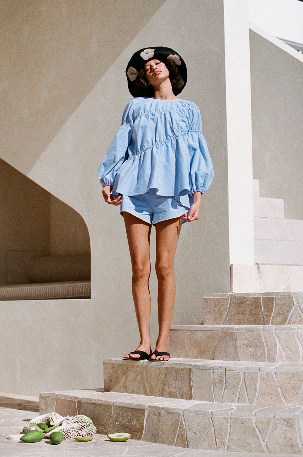 Blue Long Sleeve Panelled Flounce Akel Top