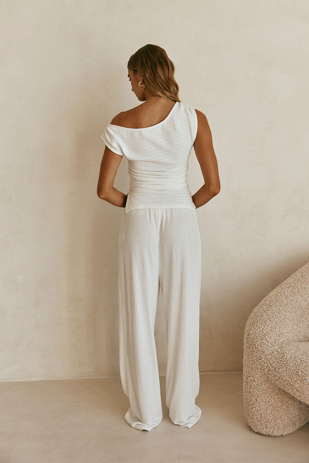 White Ribbed Boat Neck Ruched Detail Deni Top