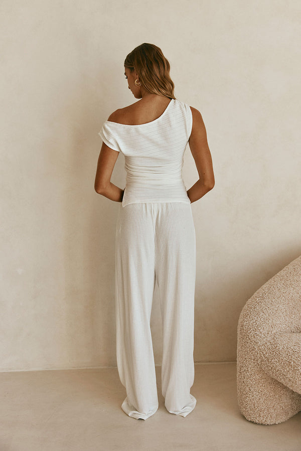 White Ribbed Boat Neck Ruched Detail Deni Top