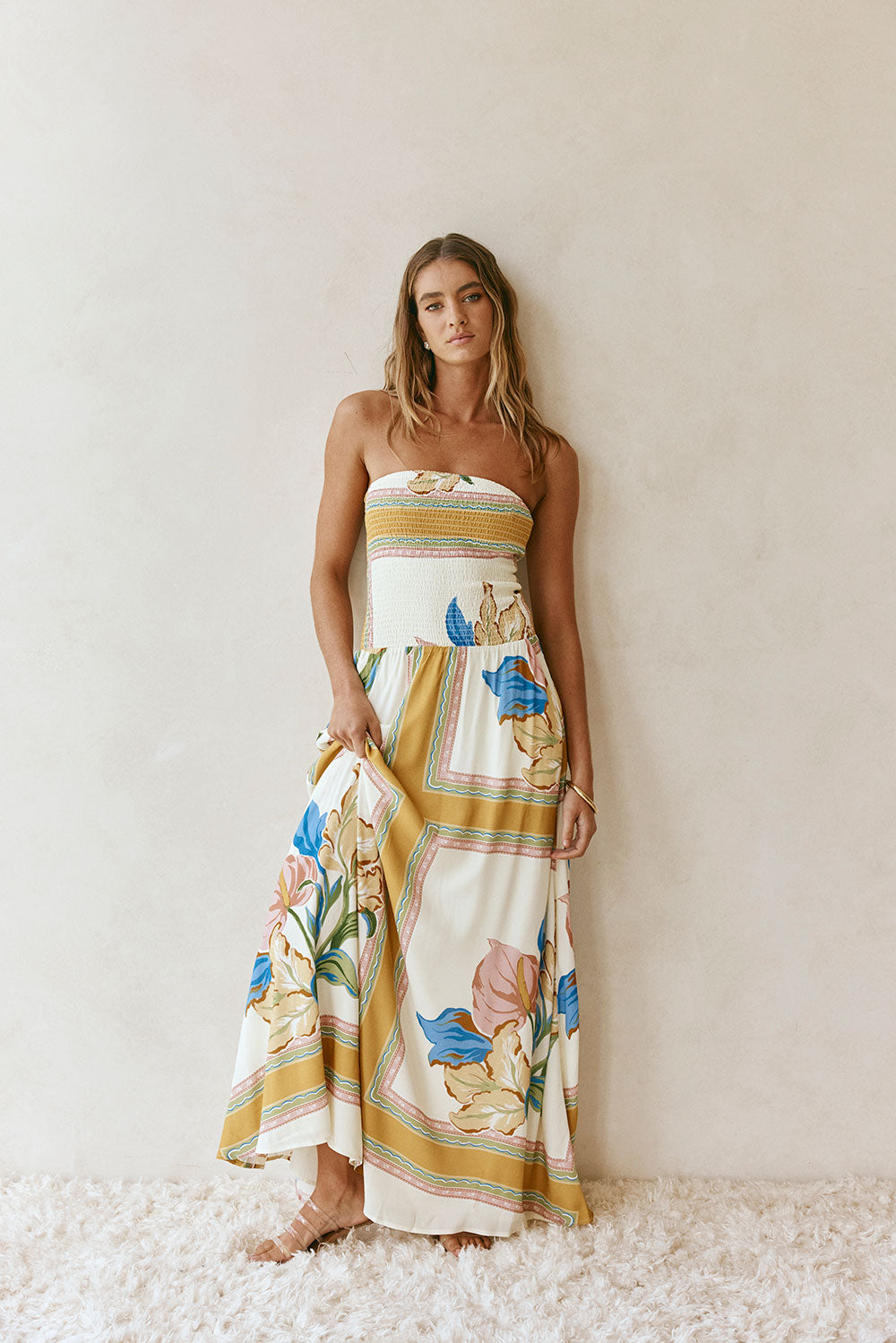 White and Yellow Botanique Strapless Maxi Fia Dress