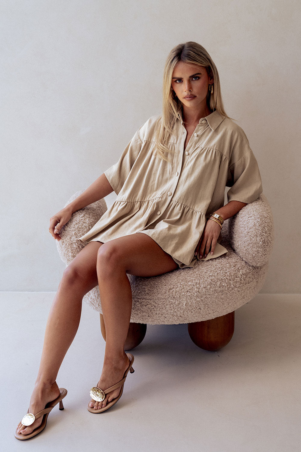Beige Short Sleeve Button Up Collar Luna Top