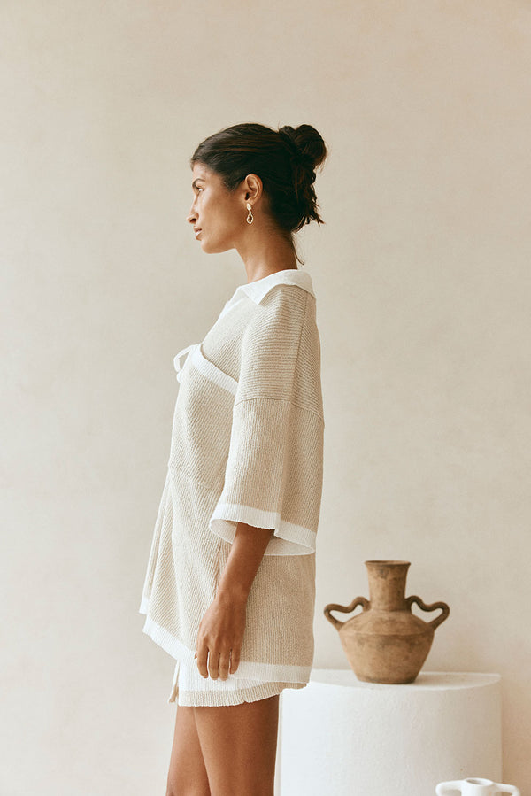 Beige Short sleeve Collar Tie Jess Top