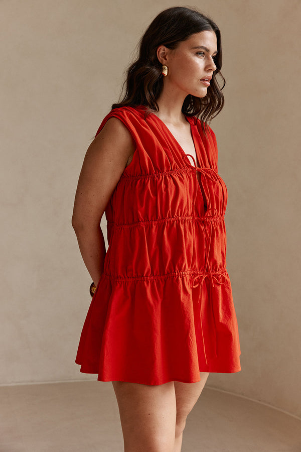 Red Tie Ruched Mini Joslin Dress