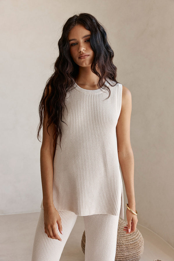 Beige Cotton Knit Round Neck Maxine Tank Top
