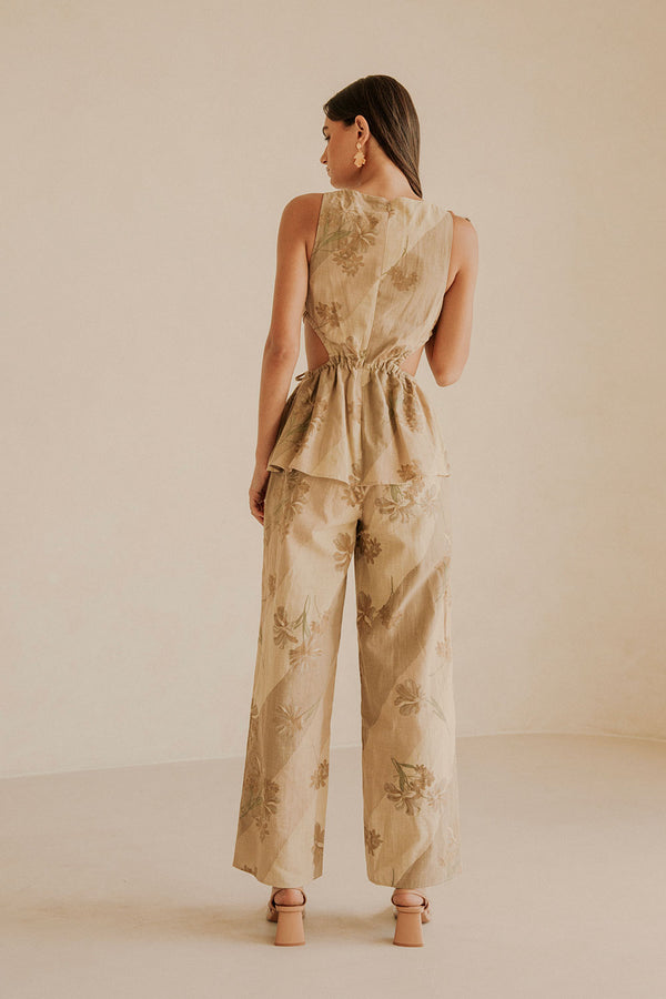 Esmae Tropical Cutout Tie Jumpsuit - Brown, Green Tawny Bloom Print