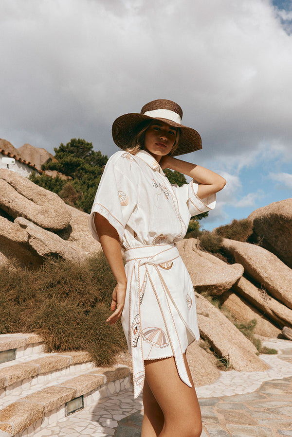 La Costa Embroidered Wrap Mini Skirt - Serenita, White, Beige, Pink