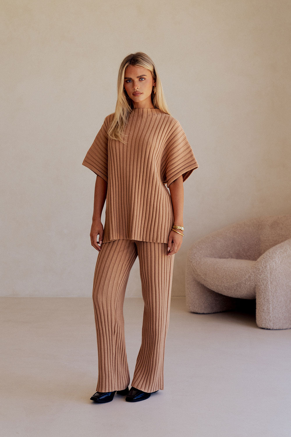 Apricot Ribbed Knit Relaxed Celine Top