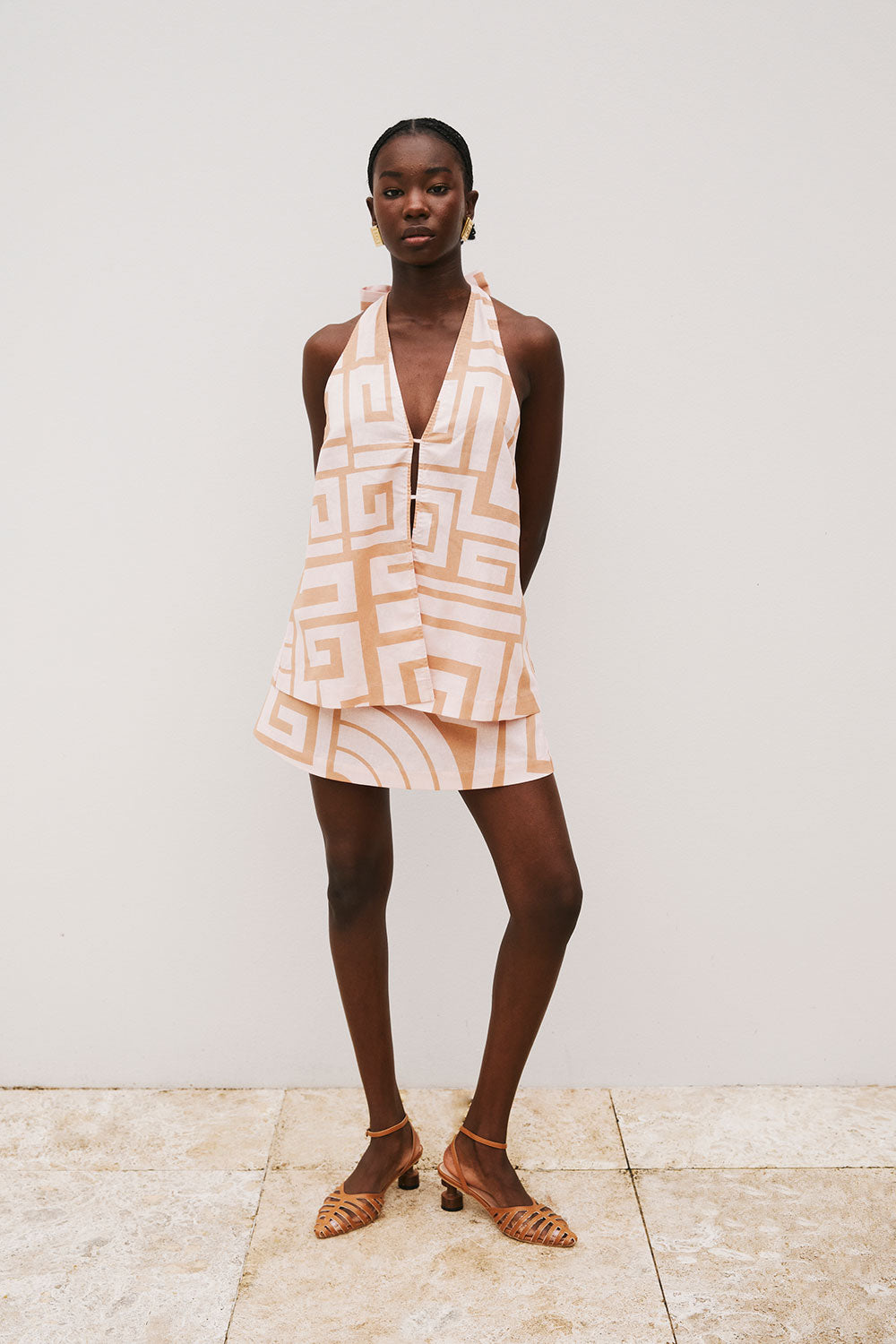Pink Hellenic Maze Backless V-Neck Halter Mini Alora Dress
