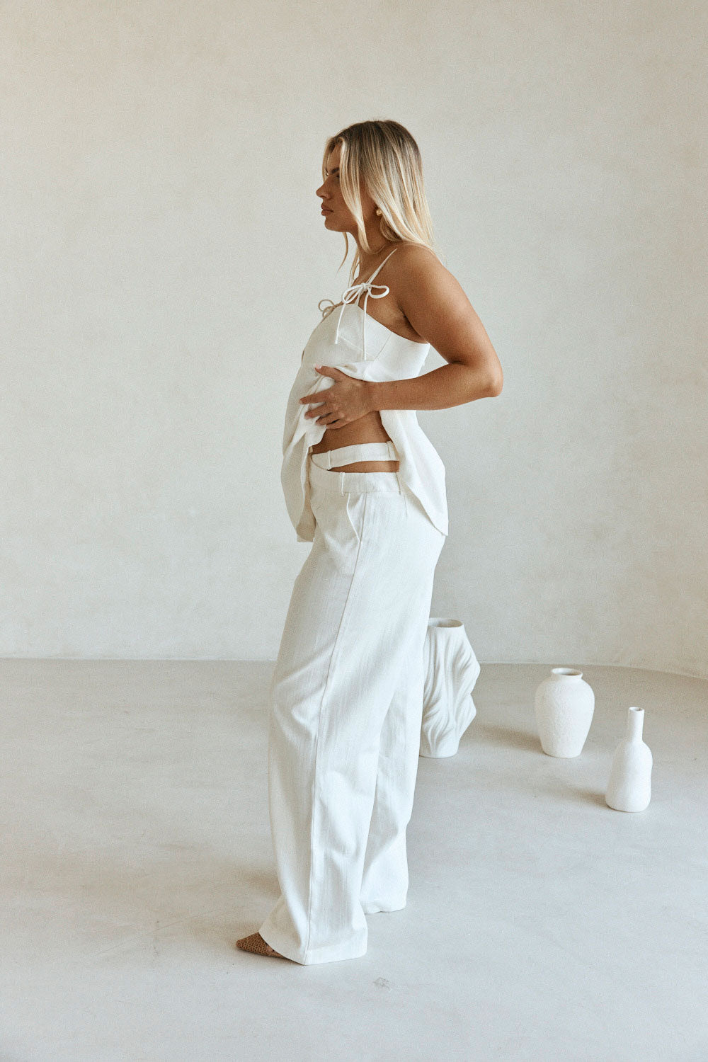White Cotton Asymmetric Waist Wide Leg Tilda Trouser Pants