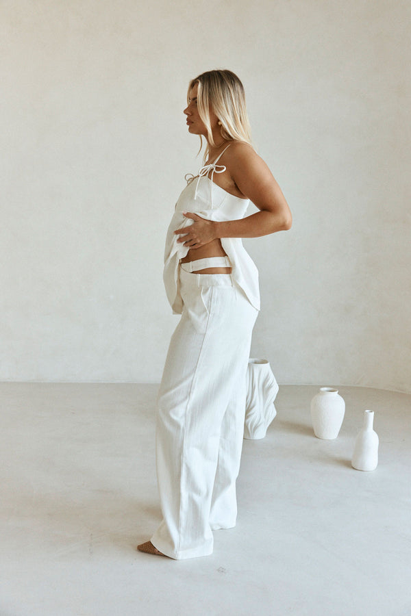 White Cotton Asymmetric Waist Wide Leg Tilda Trouser Pants