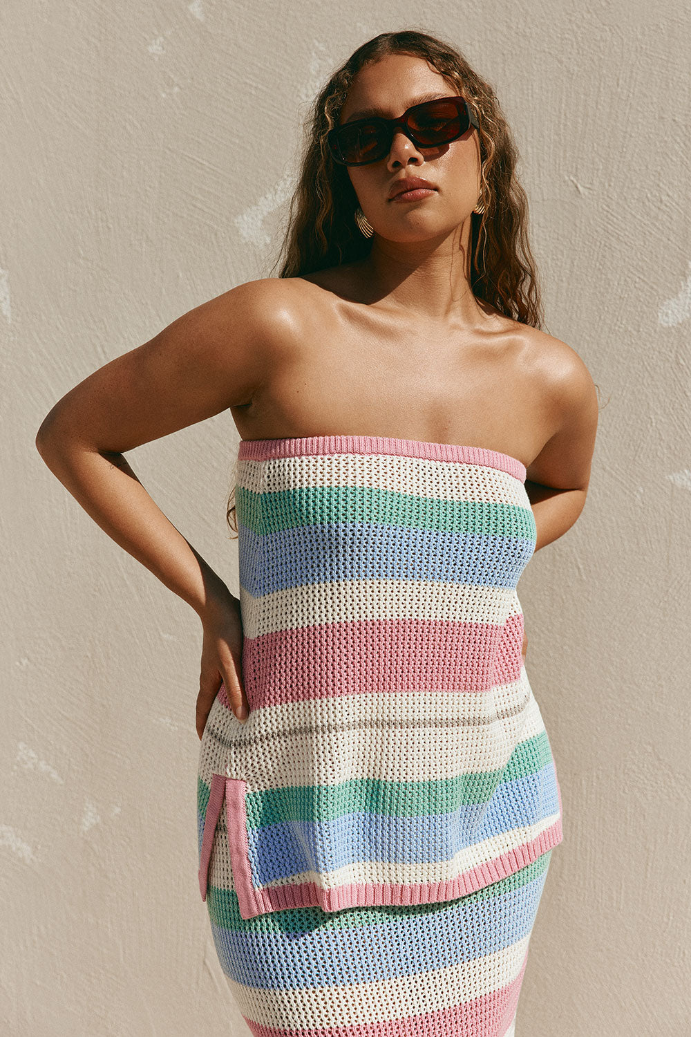 Pastel Stripe Crochet Knit Strapless Damaris Top