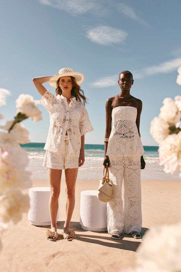 White Embroidered Cutwork Button Up Cielo Shirt