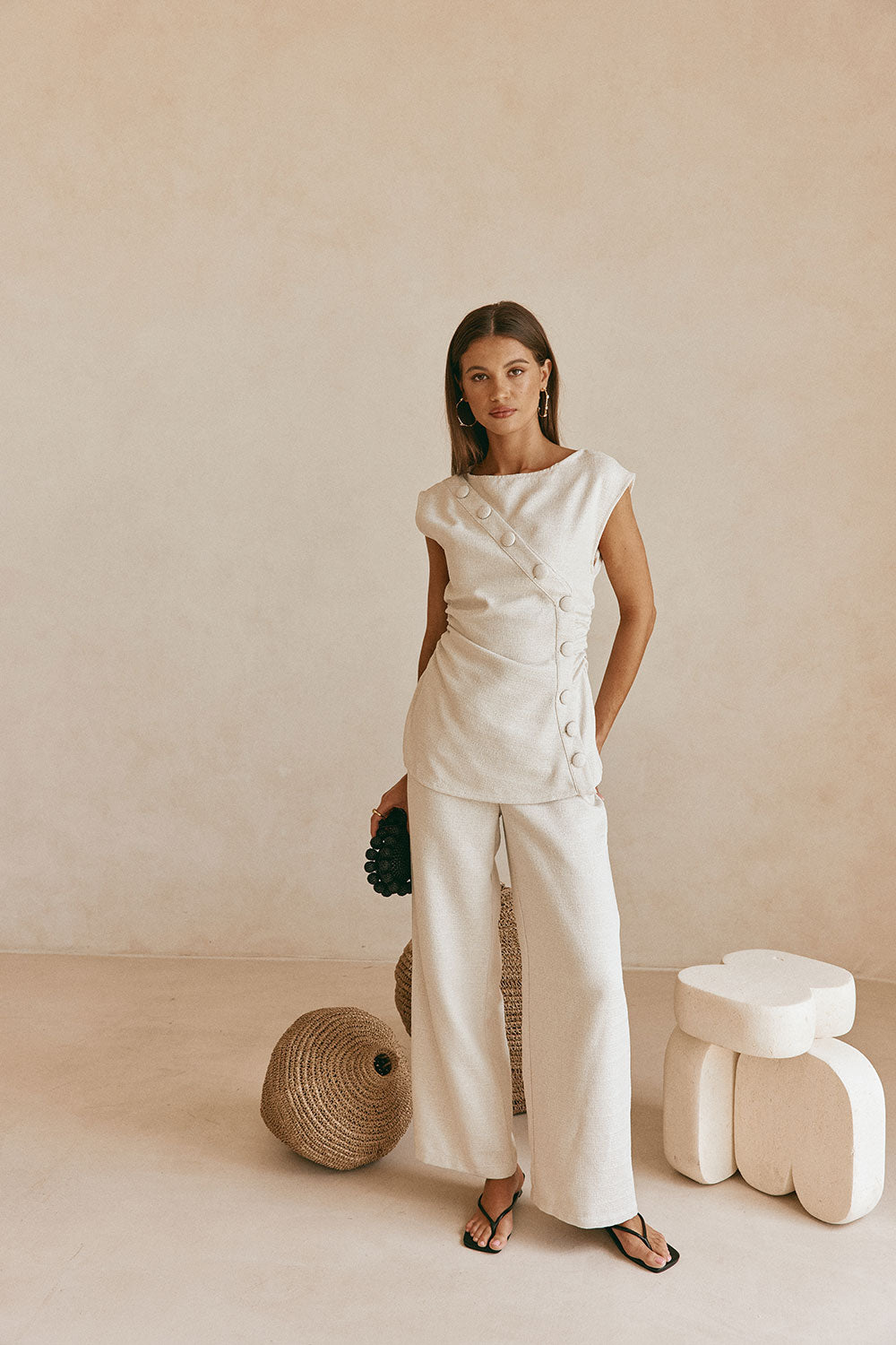 Beige Button Gathered Azul Top