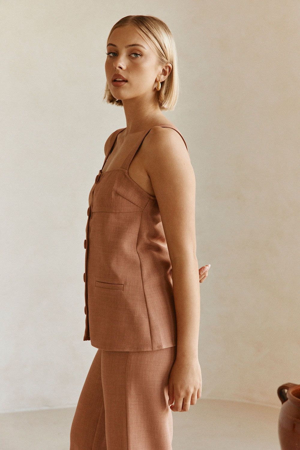 Tan Structured Button Up Raven Top