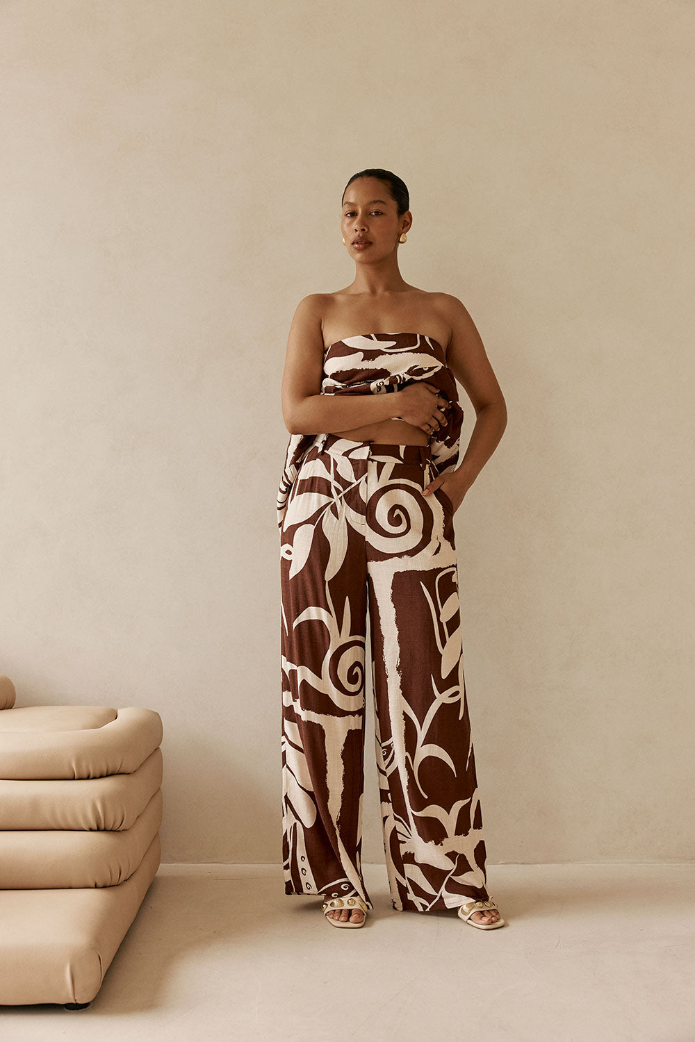 Brown and Cream Painted Tiles Print Presley Pants