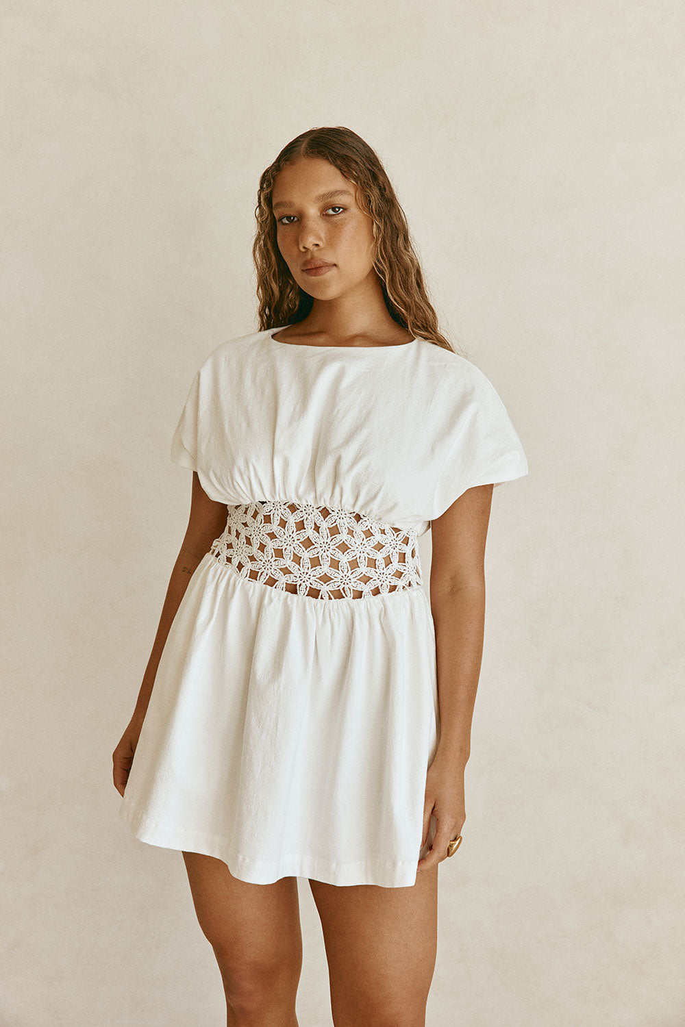 White Flouncy Short Sleeve Mini Alessandra Dress