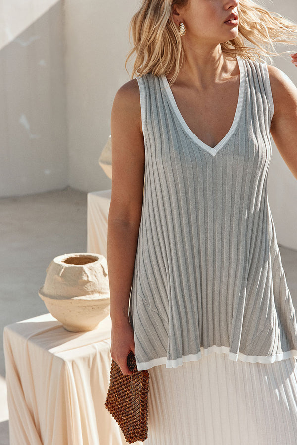 Grey Woven Ribbed V Neck Silla Top