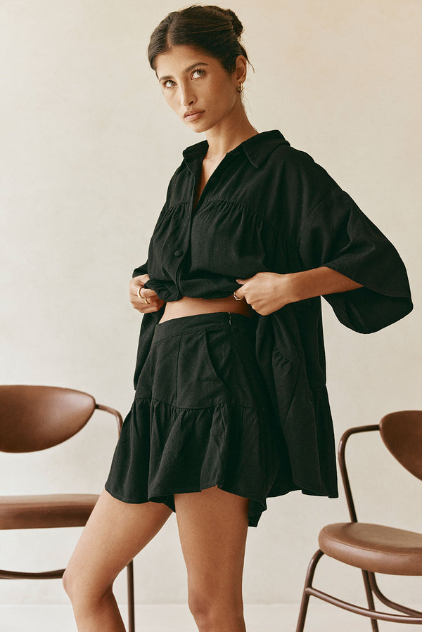 Black High Waist Gathered Flounce Panel Luna Shorts