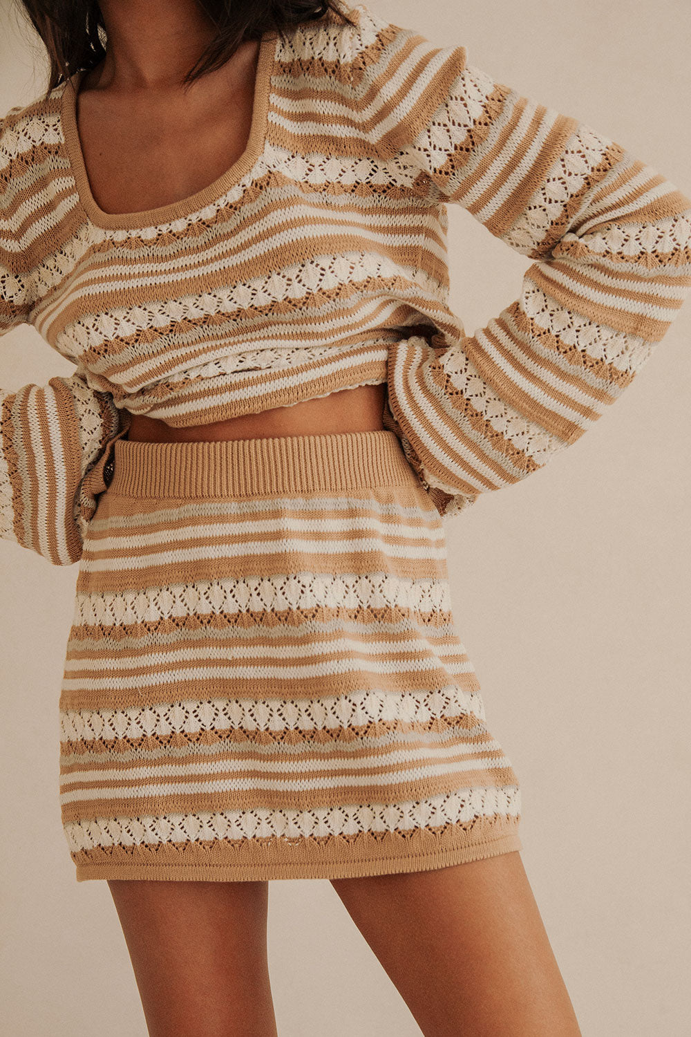 Brown Striped Knit High Waist Mini Alaiya Skirt