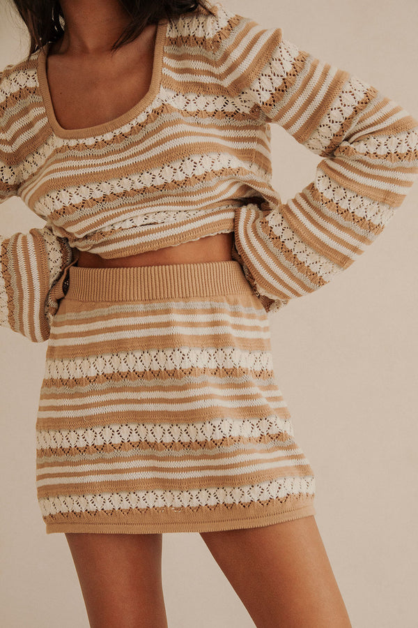 Brown Striped Knit High Waist Mini Alaiya Skirt