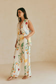 Izabelle V Neck Button Up Top - White, Yellow, Green & Blue Aesta Floral Print