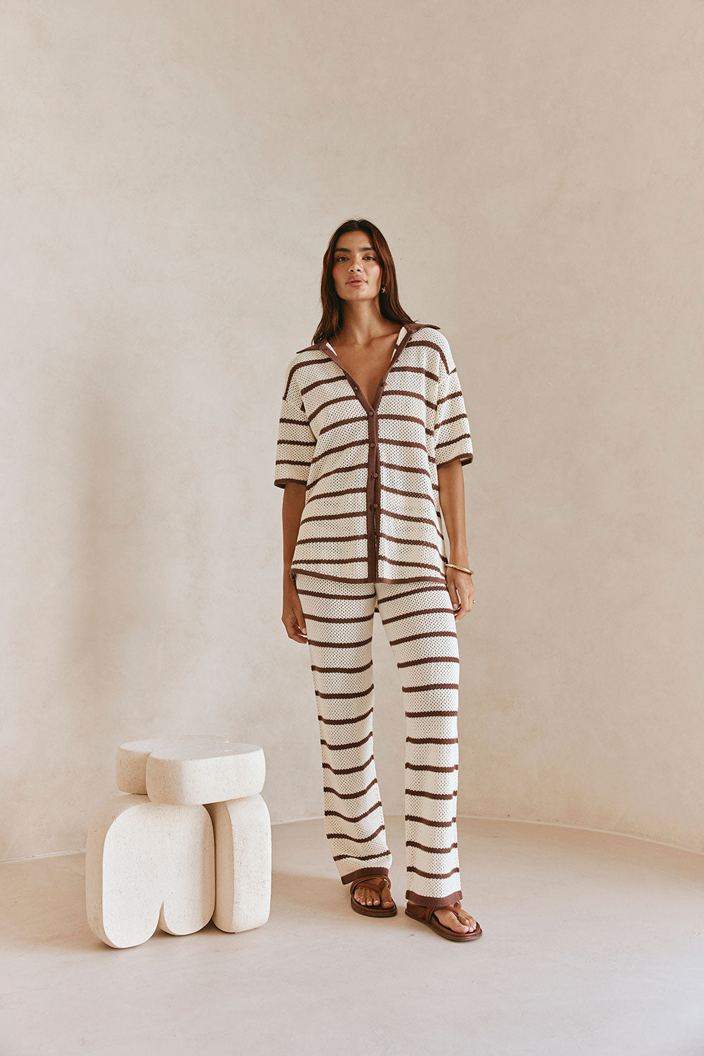 Mia Elasticated Pants - Cream, Brown stripe