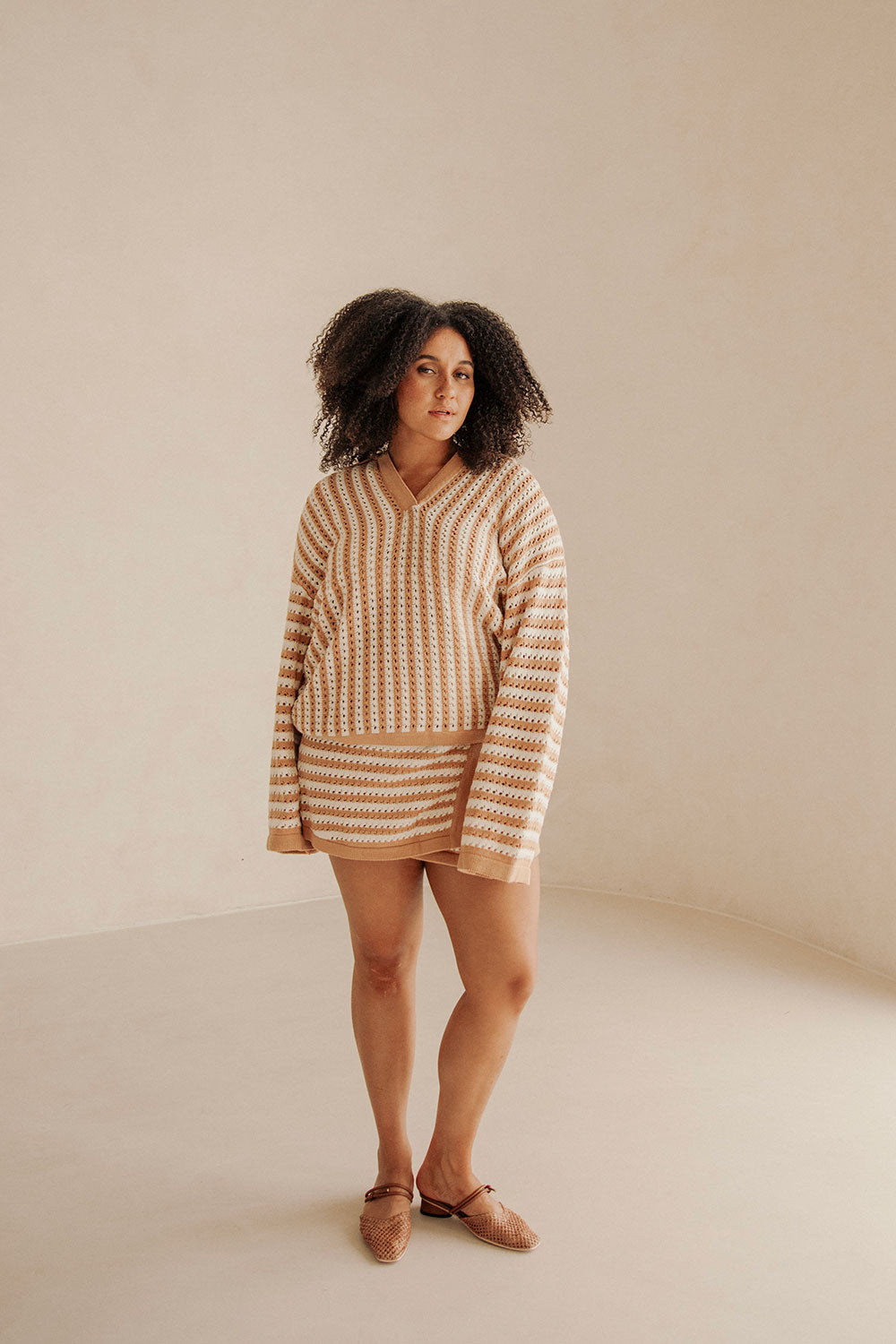 Bryn Stripe Long Sleeve Collared Knit Top - Orange, White