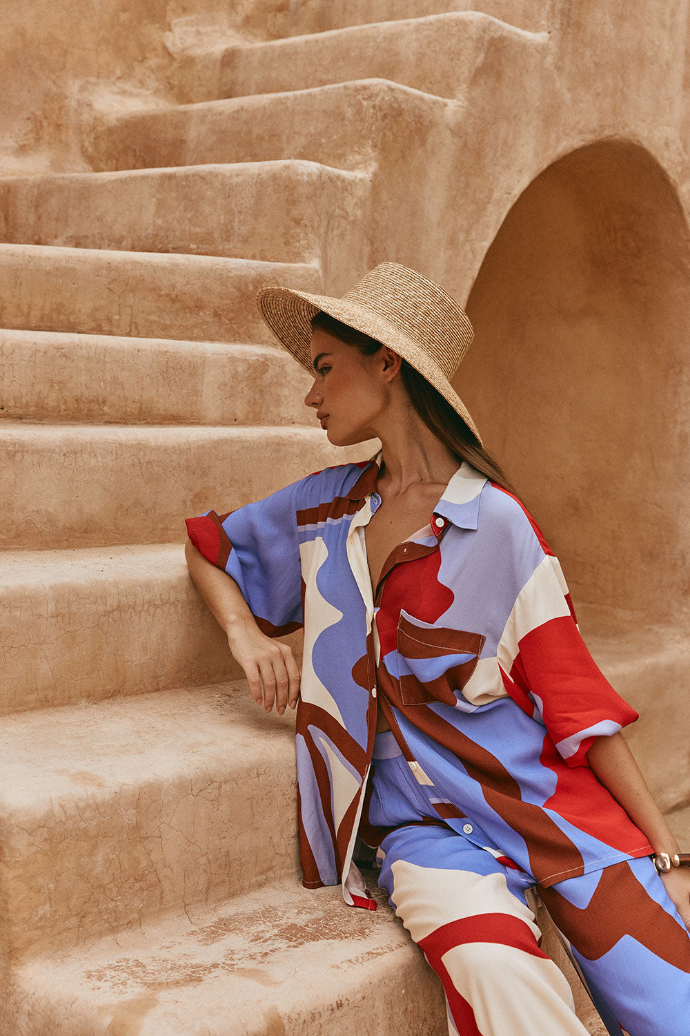 Valley Red Print Button Up Short Sleeve Dia Top