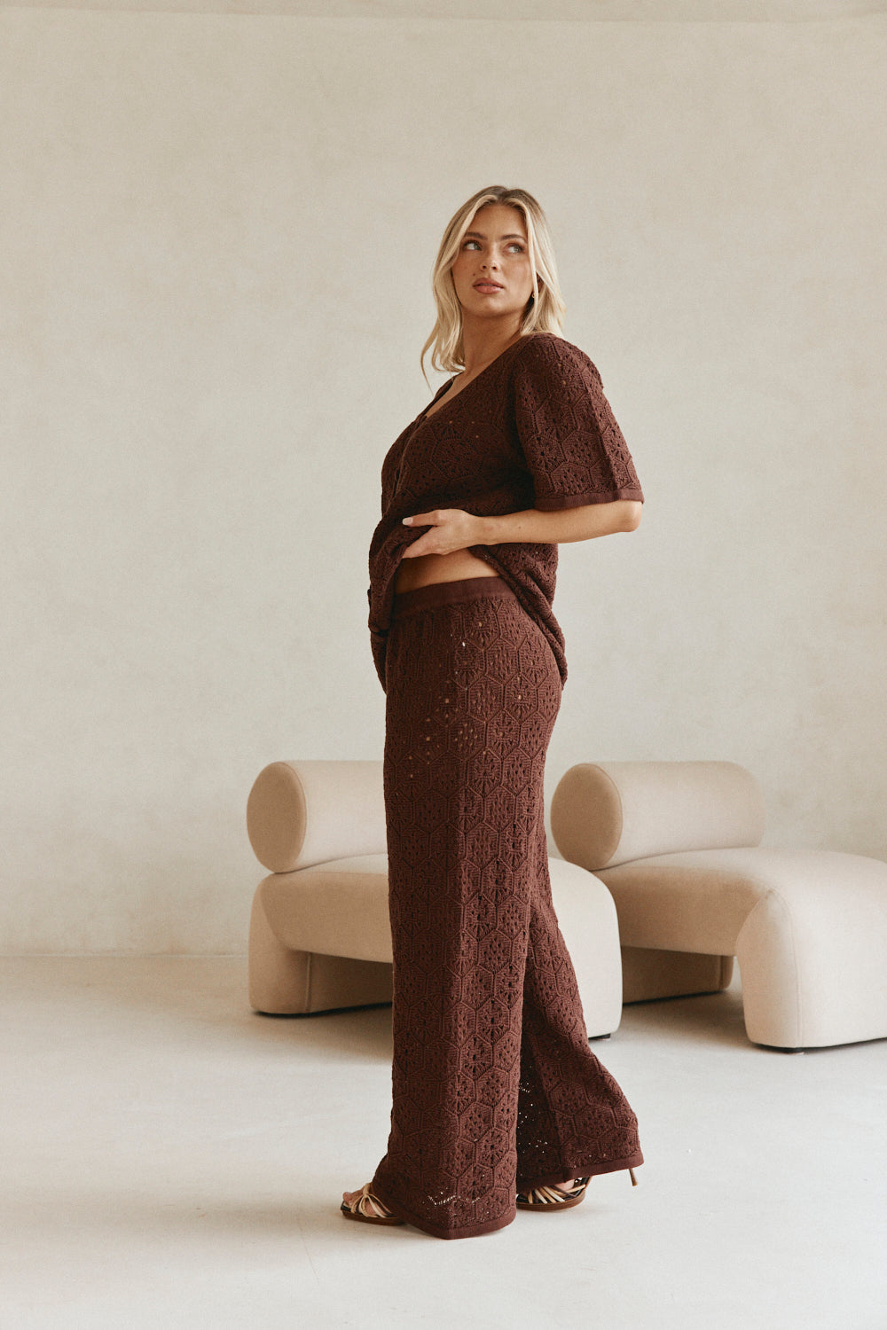 Brown Crochet Knit High Waist Umiko Pants