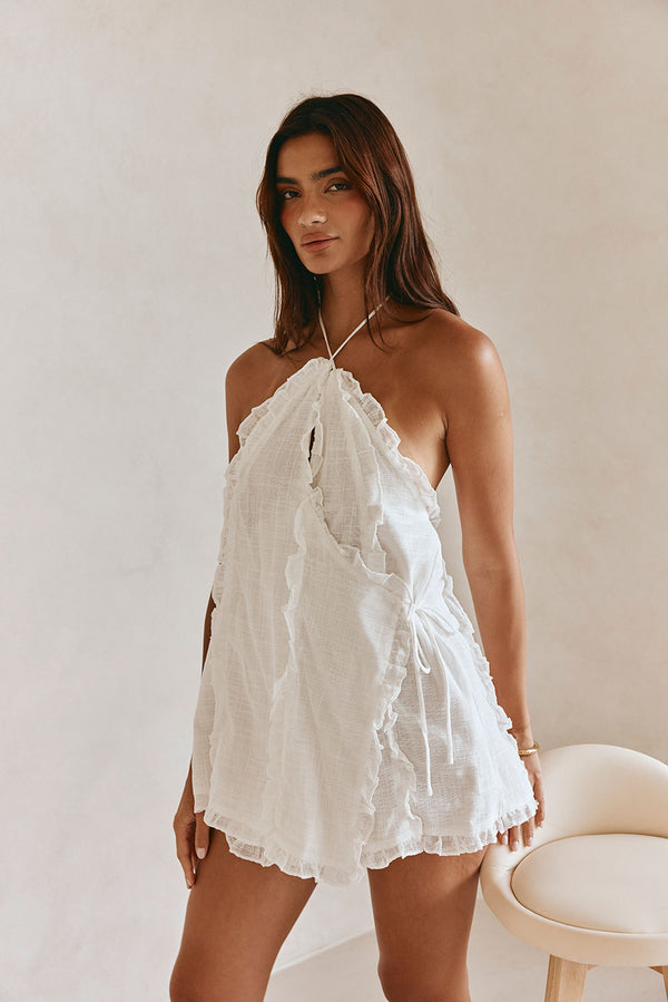 Kharli Halterneck Frill Mini Backless Wrap Dress - White