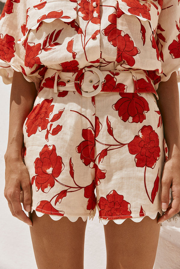 Cream Blooming Red Floral Belted Arlette Shorts