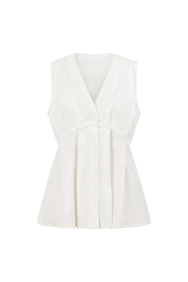 White Structured V Neck Pleated Vespera Top