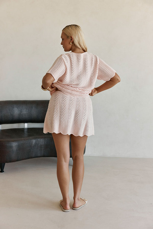 Blush Pink Wave Knit Drawstring Mini Leah Skirt