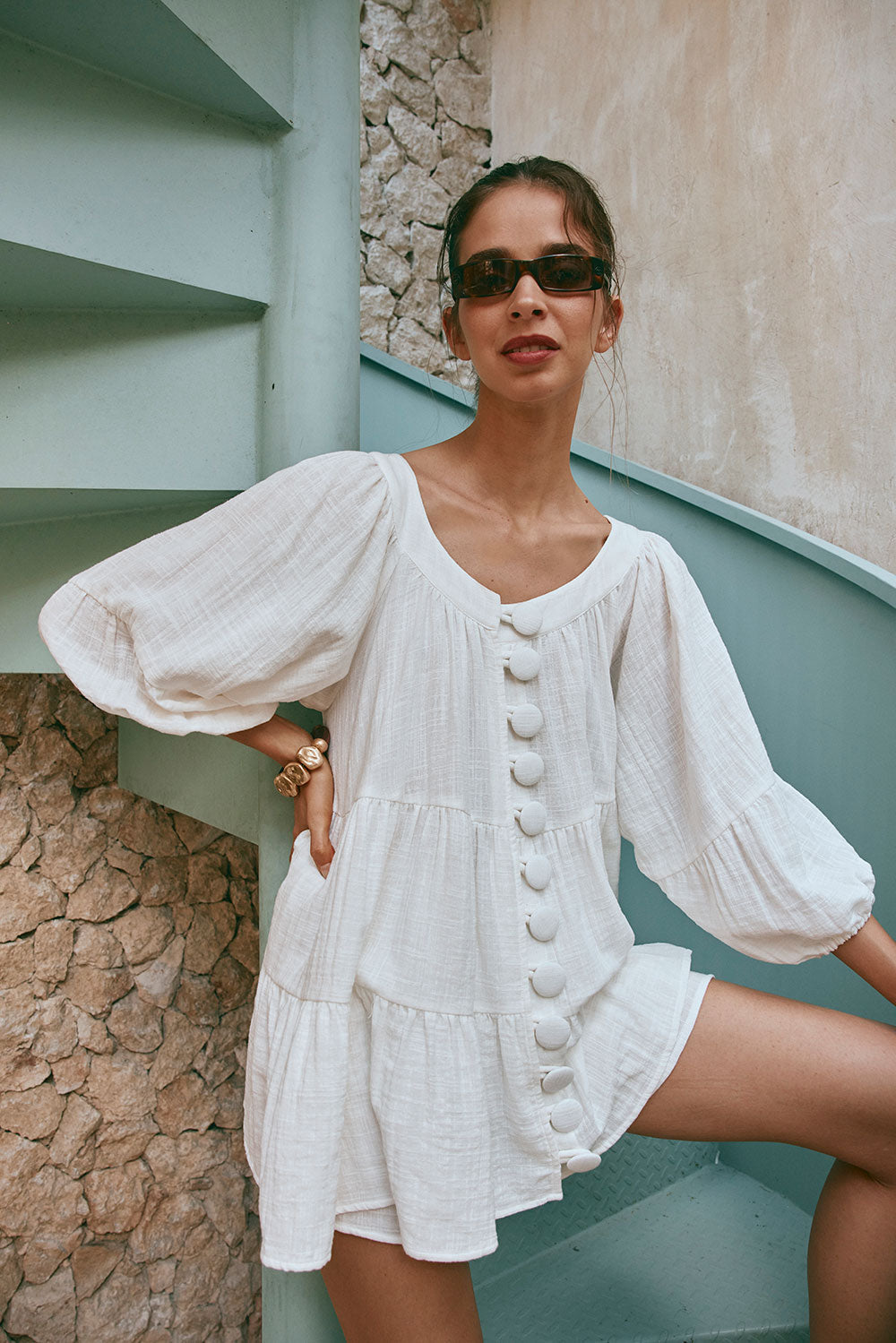 Novalie Flounce Button Top - White