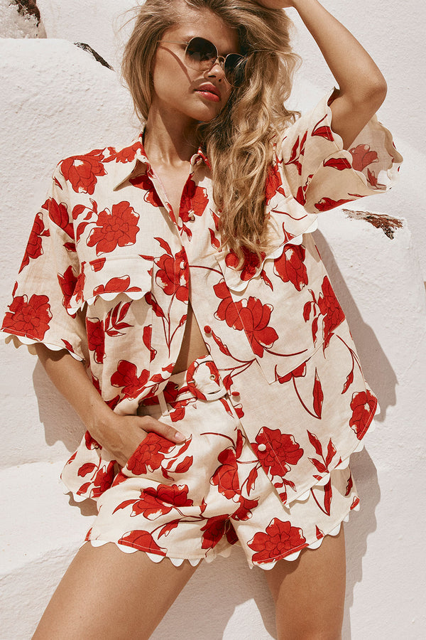 Cream Blooming Red Floral Belted Arlette Shorts