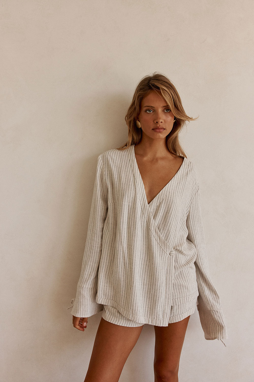 Beige and Black Pinstripe Lyla Wrap Top