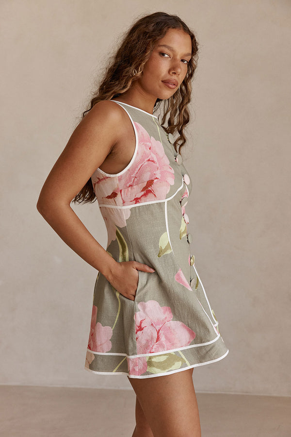 Fiori Green Floral Print Button Mini Amora Dress