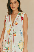 Izabelle V Neck Button Up Top - White, Yellow, Green & Blue Aesta Floral Print