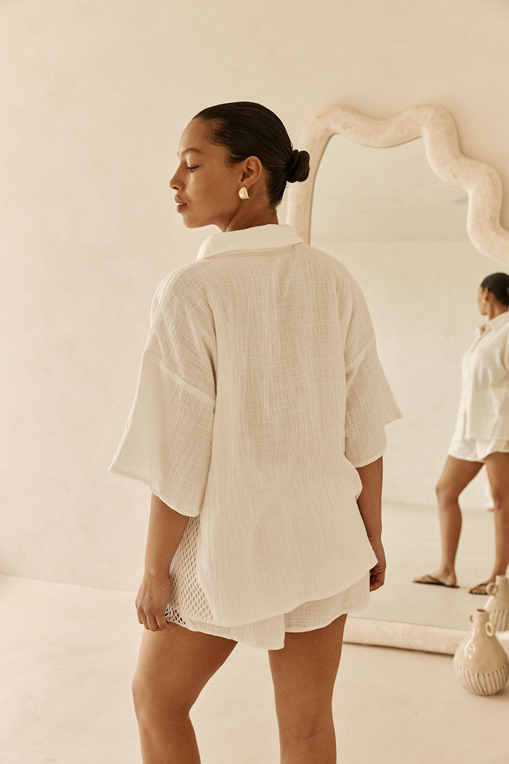 White Cotton Short Sleeve Button Up Inara Top