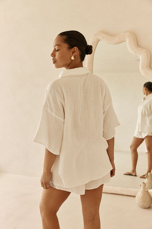 White Cotton Short Sleeve Button Up Inara Top