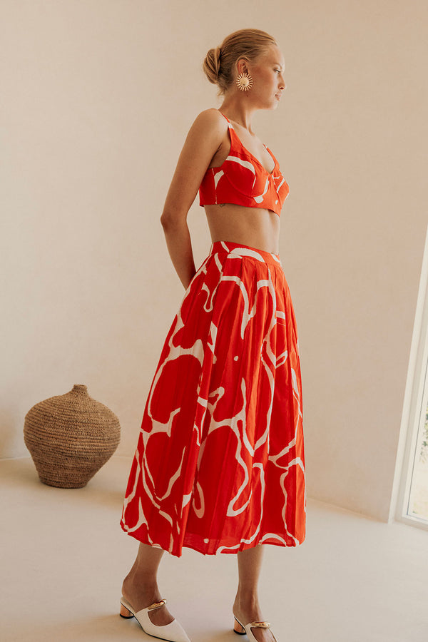 Evoke Red Wrap Pleated Split Midi Dien Wrap Skirt
