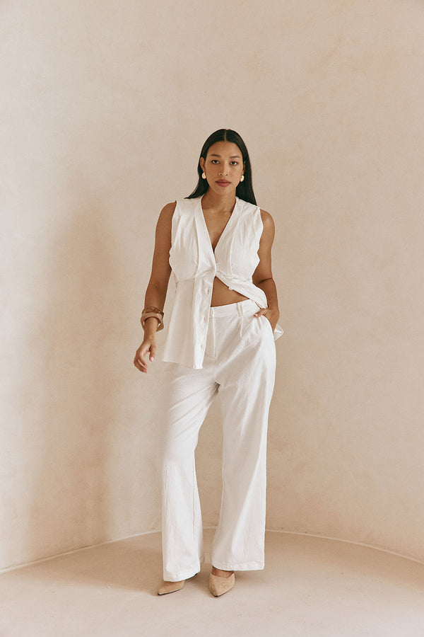 White Structured V Neck Pleated Vespera Top