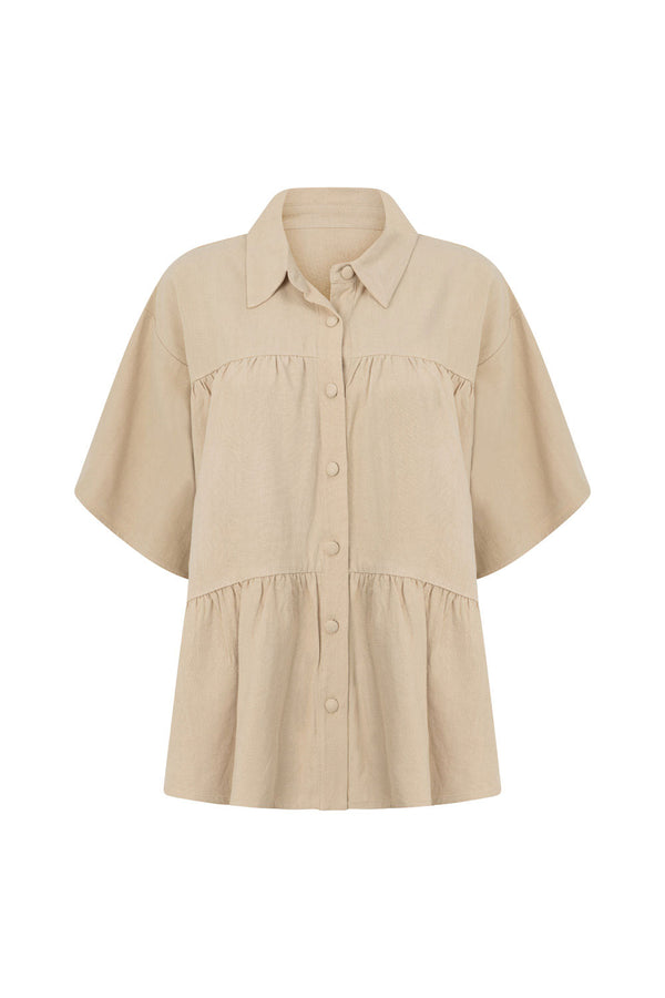 Beige Short Sleeve Button Up Collar Luna Top