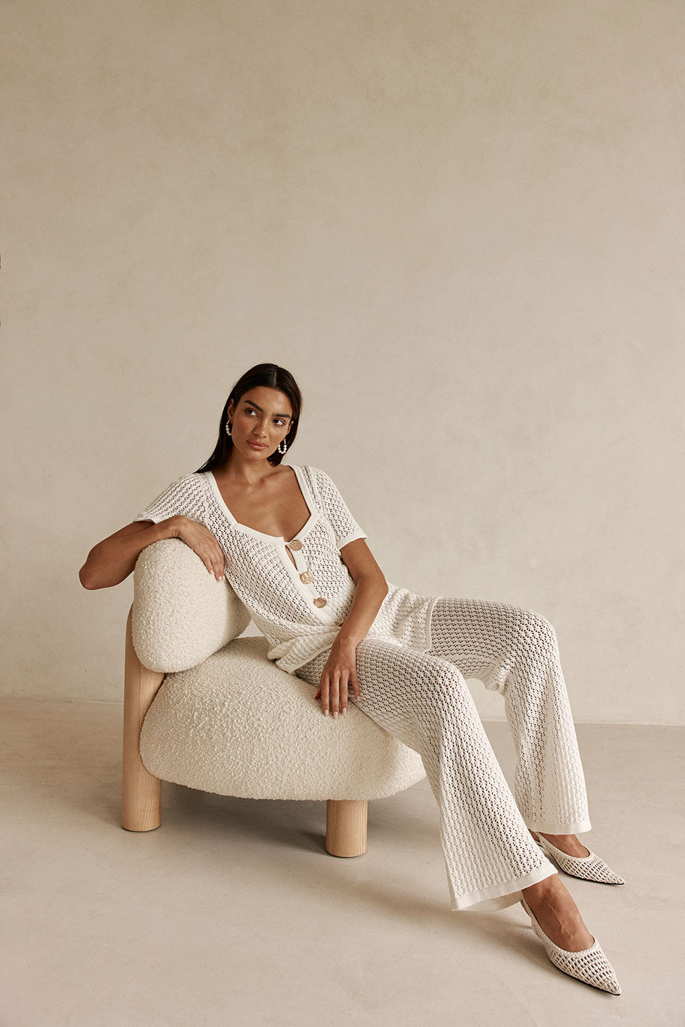 White Crochet Knit Button Up Milana Top