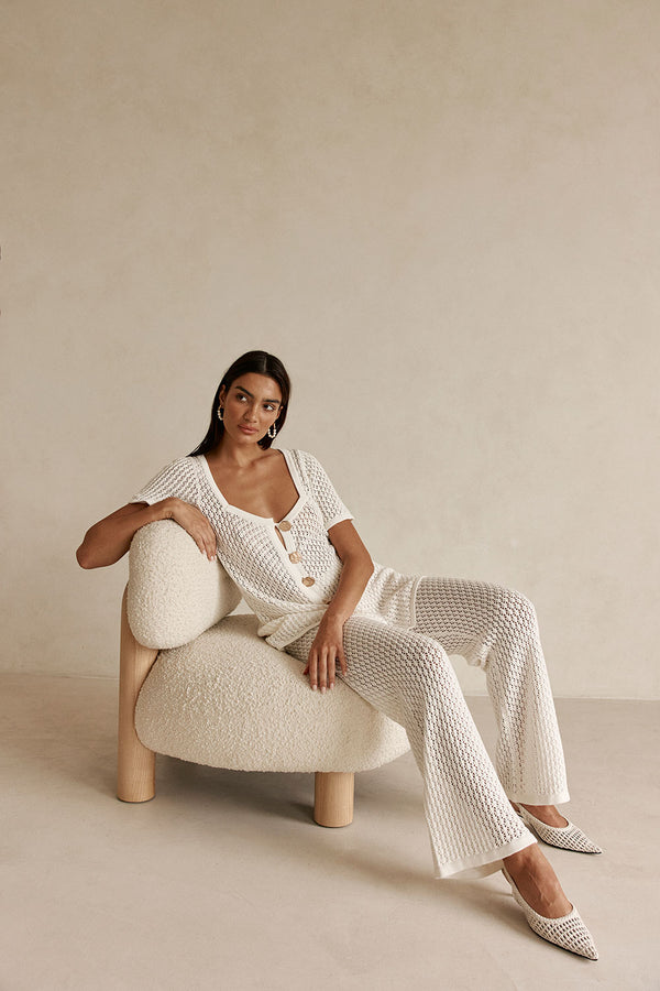 White Crochet Knit Button Up Milana Top