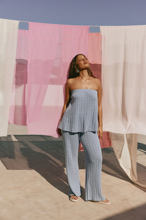 Blue Pointelle Knit High Waist Athena Pants